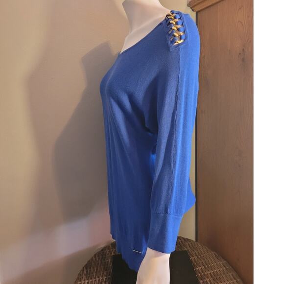 Michael Michael Kors Blue Oversized Sweater Medium Gold Chain Shoulder Logo Knit - Picture 4 of 12